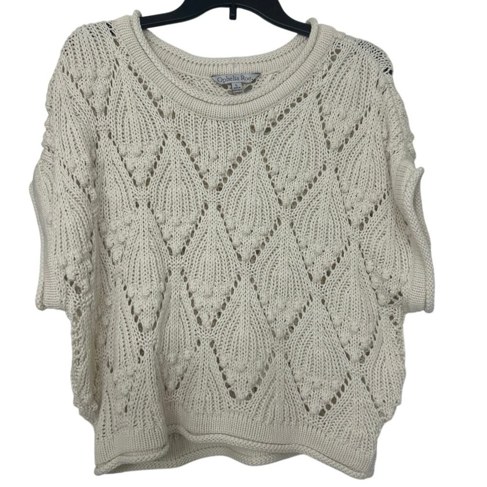 Cream Crochet Open Knit Boxy Sweater Boho Coastal Cottagecore Large NWT Neutral - Picture 2 of 13
